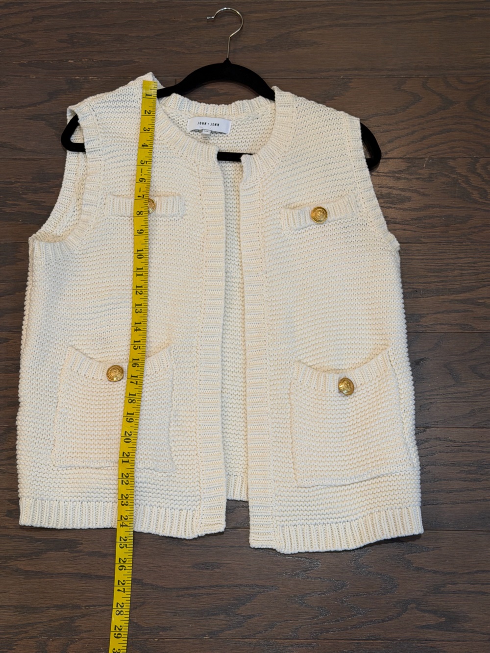John + Jenn Cream Knit Sweater Vest Gold Button Pocket Open Front Size Large - Picture 3 of 8